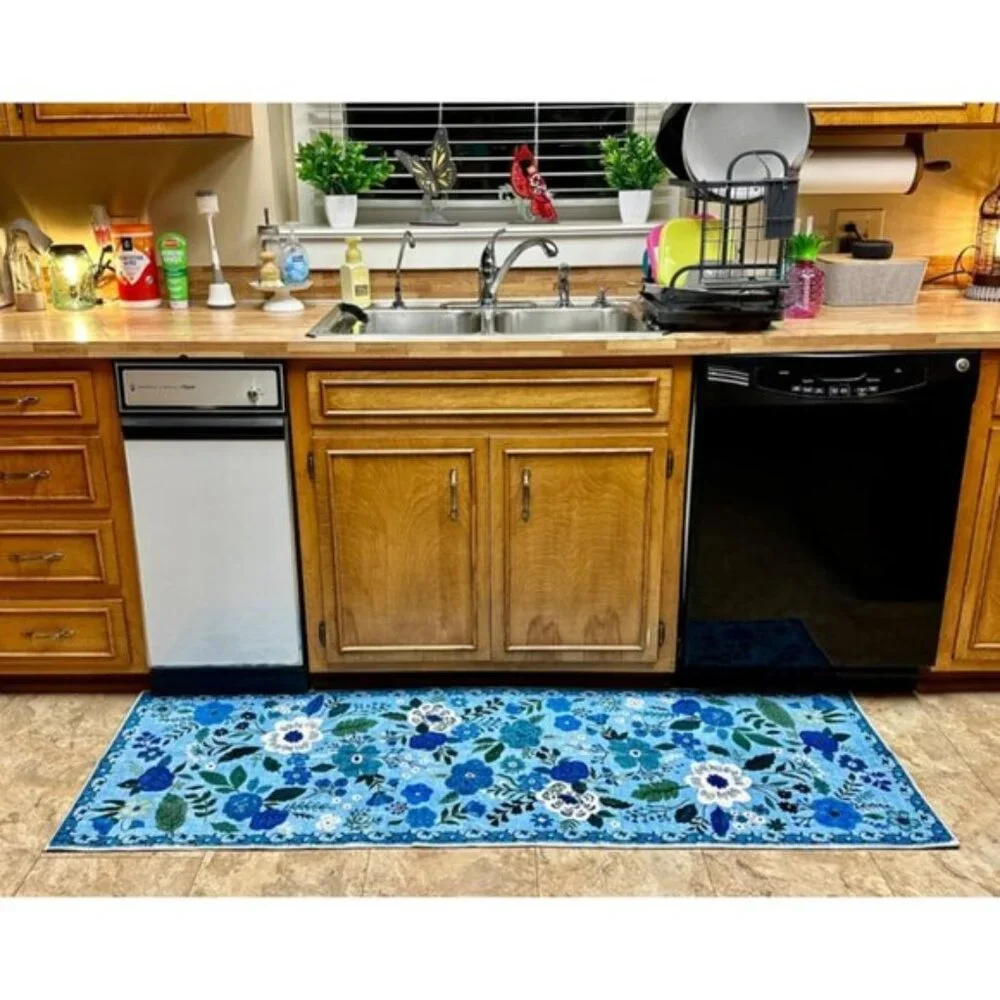 Non Slip 2'x 6' Blue Washable Runner Rugs with Rubber Backing Soft Floral Carpet